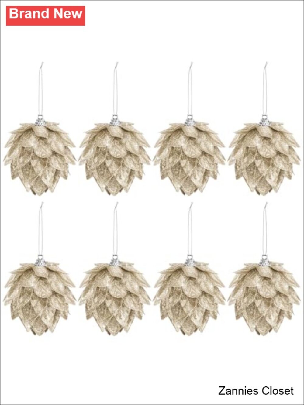 🎄 8 Pc Christmas Hanging Ornaments Set Plastic Fabric Glitter Pine Cone Flower